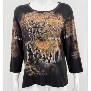 Studio‎ Gem Q Top Womens 2XL Black Halloween Jack O Lantern Embellished Spooky